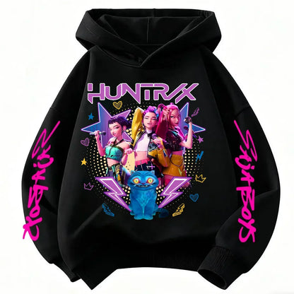 2026 KPop Demon Hunter Cartoon Girls Boy Hooded Sweatshirt Warm Children's Korean Wave Fashion Casual Tops Casual Girls Clothing