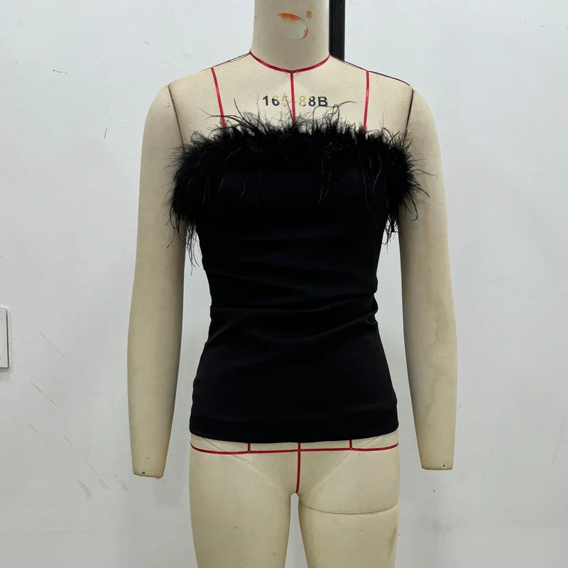 Black Feather Crop Top Women off Shoulder Corset Top Female Sexy Backless Tube Tops for Women Strapless Bustier Top Woman