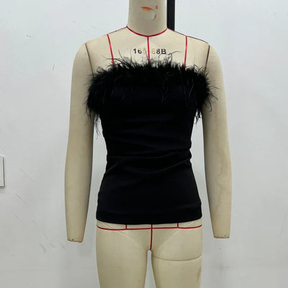Black Feather Crop Top Women off Shoulder Corset Top Female Sexy Backless Tube Tops for Women Strapless Bustier Top Woman