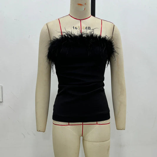 Black Feather Crop Top Women off Shoulder Corset Top Female Sexy Backless Tube Tops for Women Strapless Bustier Top Woman