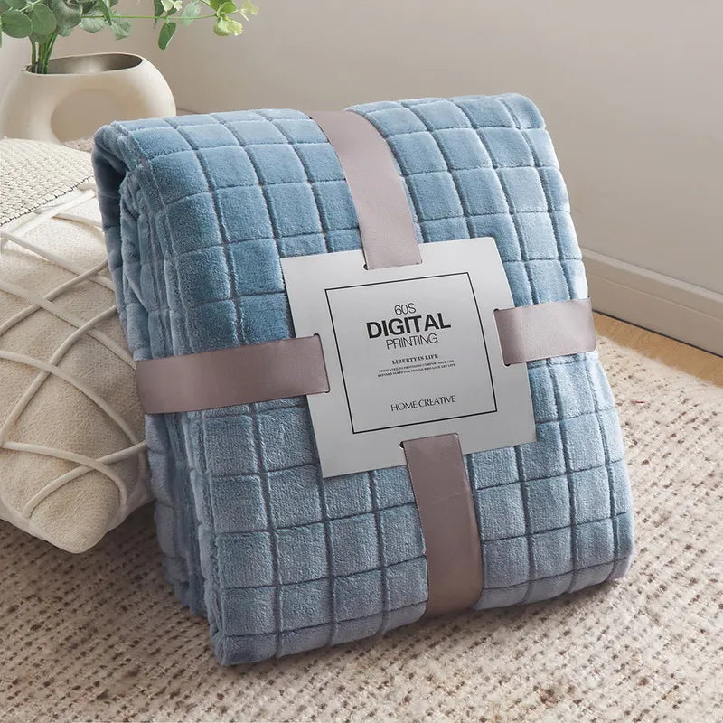 Luxury Grid Coral Velvet Blanket - Soft Fluffy Plush Throw, Thickened Warm for Sofa & Air-Condition Room, Flannel Back