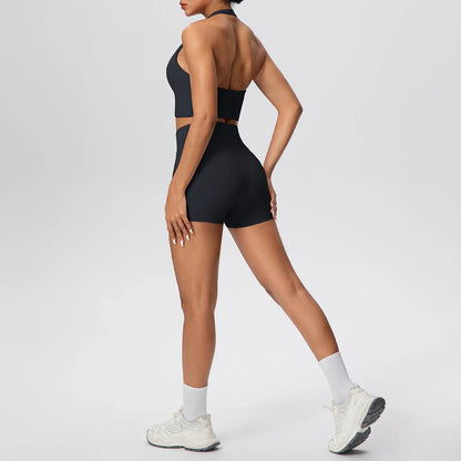 2picese Women Yoga Suit Solid Color High Waist Hip Push Up Fitness Shorts Sexy Pilates Backless Gym Hanging Neck Bra Yoga Set