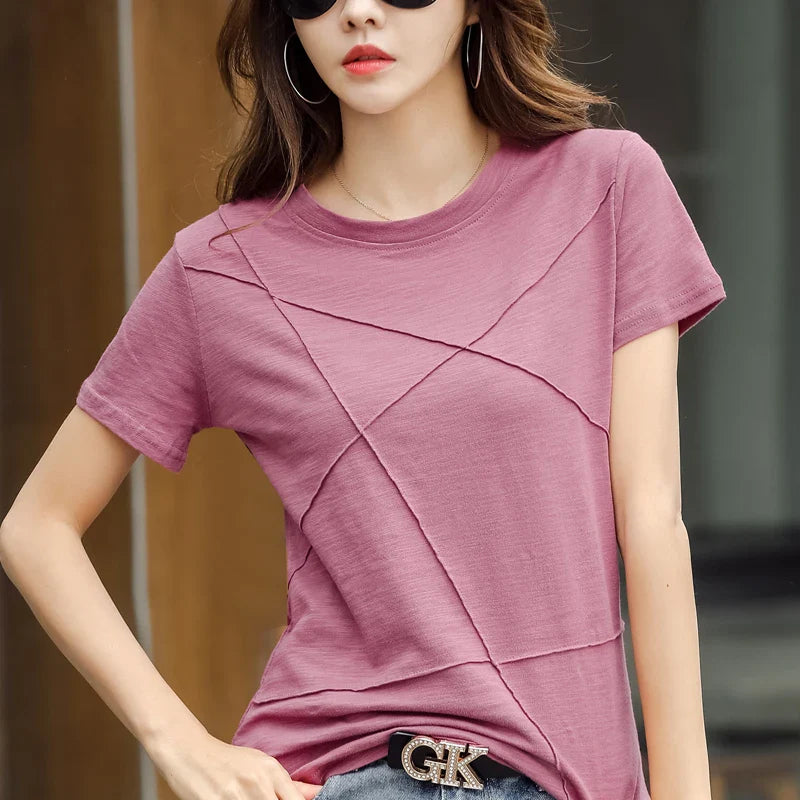 Fashion Spring Summer Slim Bamboo Cotton T-Shirts Women O-Neck Short Sleeve Korean Ribbed T Shirt Female Casual Solid Tops