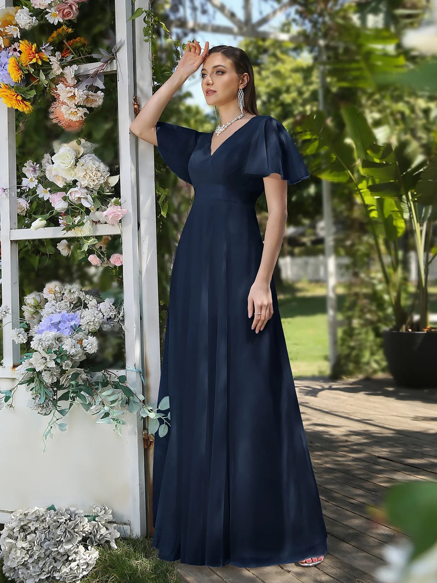 Empire Evening Dresses Cross V-Neck Tulle Short Sleeve Sashes Wedding Dress Sexy Backless Women's Formal Party Gowns