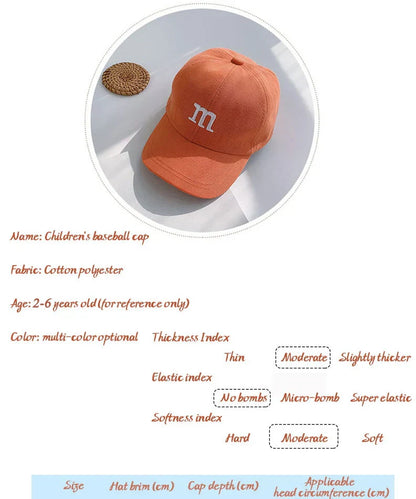 Kids Baseball Cap Children's Hat for Lovely Baby Cotton Breathable Kids Hats Girl Boy Caps M Letter Embroidered Hat for Boy