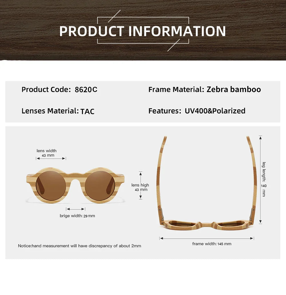 Natural Zebra Bamboo Wooden Aduit Sunglasses Handmade Polarized Glasses Mirror Coating Lenses Eyewear With Gift Box 8620C