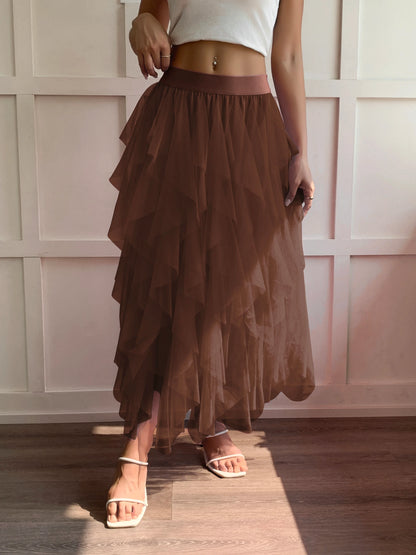 Medium waist chiffon long skirt for women, irregular layered pleated edge layered cake skirt, elegant fairy A-line skirt