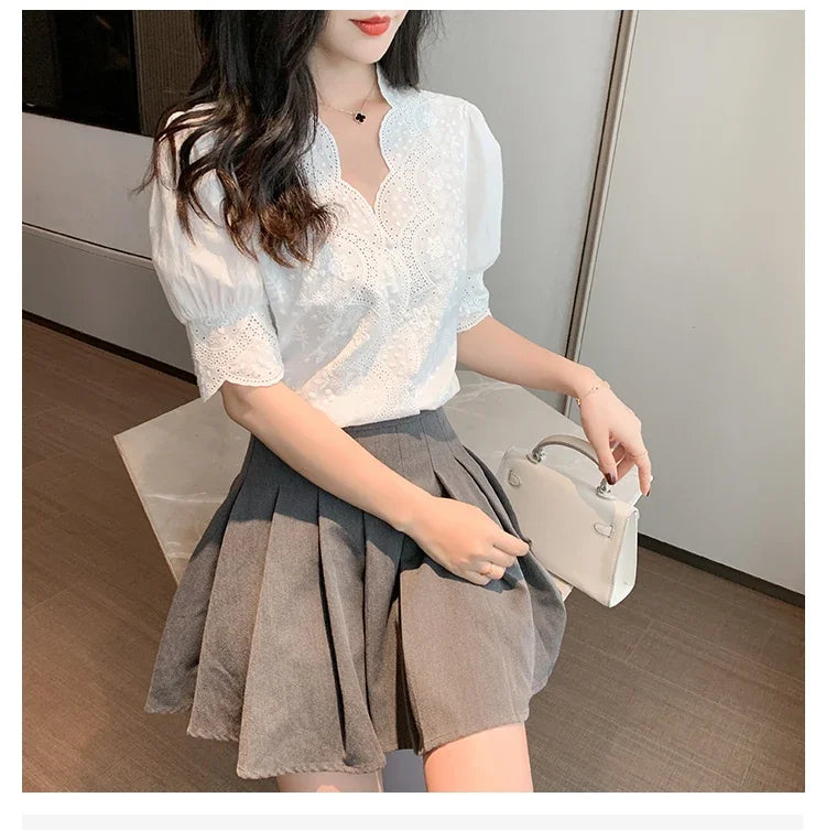2026 Summer Embroidery Puff Sleeve Linen Cotton Women Blouse Spring Casual White Hollow Out Tops Short Sleeve Shirt