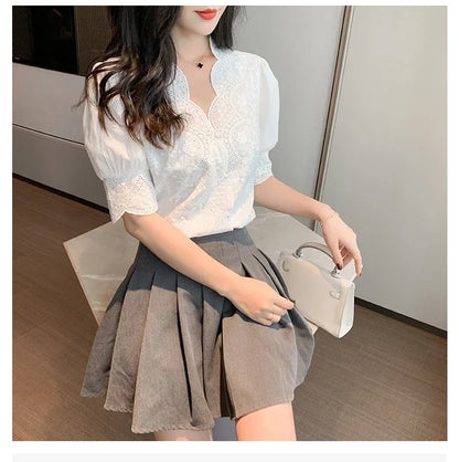 2026 Summer Embroidery Puff Sleeve Linen Cotton Women Blouse Spring Casual White Hollow Out Tops Short Sleeve Shirt