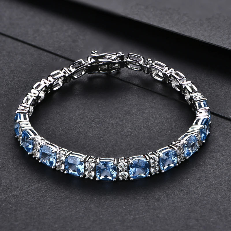 925 Silver Jewelry Original Created Blue Spinel Bracelet 1.0CT Tennis Bracelets For Women Luxury Gift Wedding Authentic