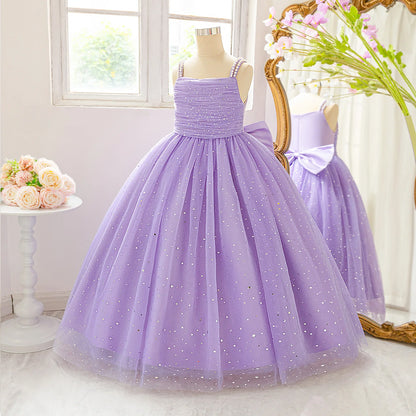 Elegant Sequins Bridemaids Girl Dress Summer Big Bow Tulle Wedding Princess Party Prom Dresses Girls Birthday Evening Ball Gown