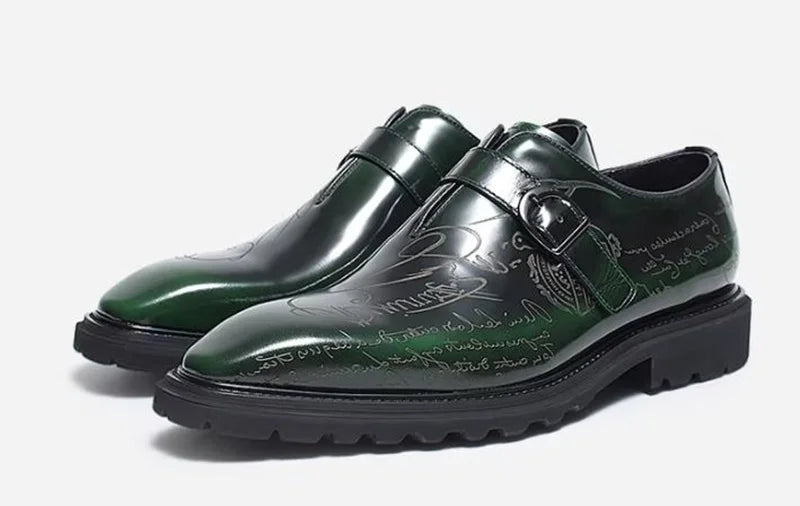 High-end Square-toe Slip-on Buckle Strap Leather Shoes Men Italian Formal Shoes Laser Engraved Letters Design Wedding Shoes Man