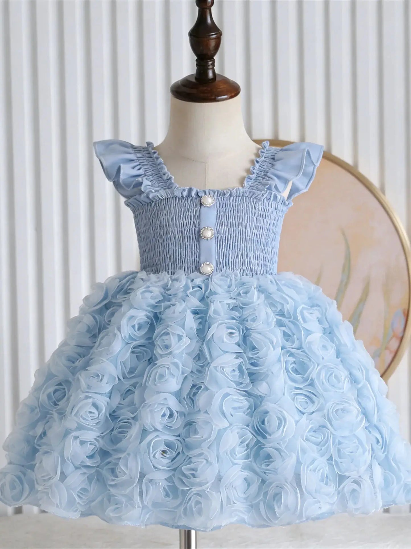 Girls' Sky Blue Tulle Dress - 3D Rose Appliqué Skirt, Pearl Buttons Vintage Chic Party Gown