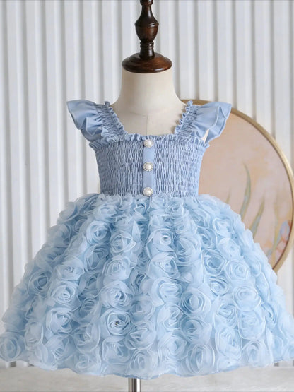 Girls' Sky Blue Tulle Dress - 3D Rose Appliqué Skirt, Pearl Buttons Vintage Chic Party Gown