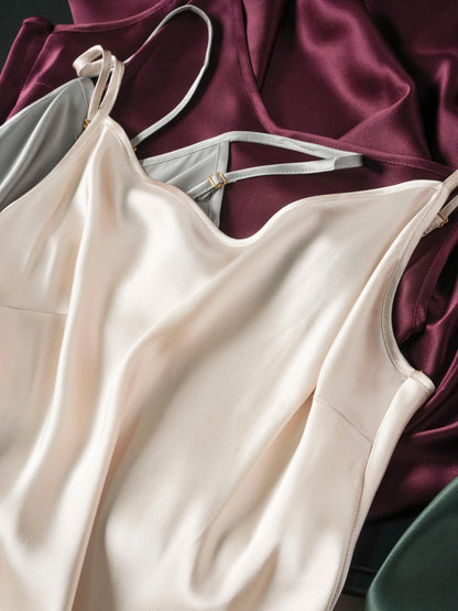 100% Natural Mulberry Silk Plain Satin French V-neck Diagonal Cut Women's Sexy Solid Suspender Dress