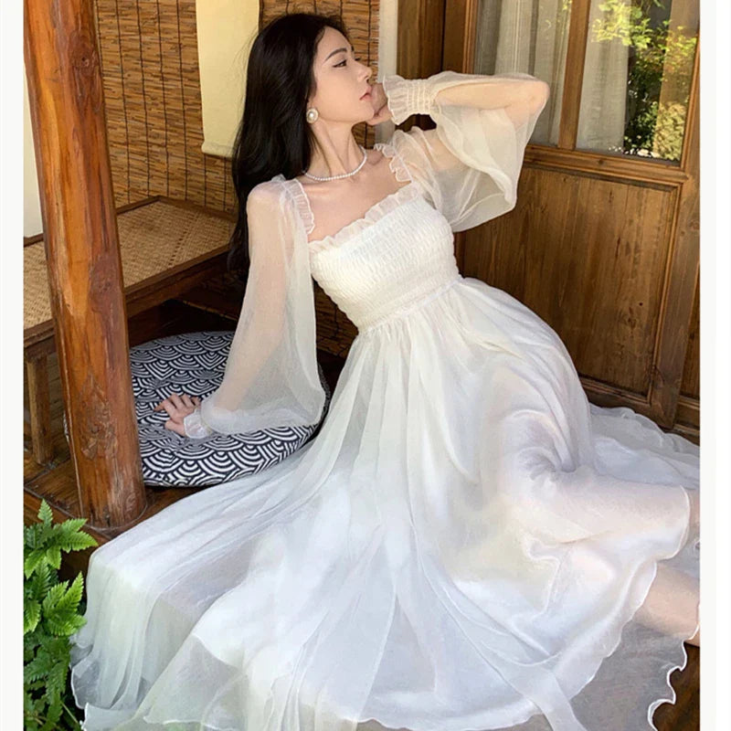 Elegant Maxi Dresses For Women White Off Shoulder Puff Long Sleeve Elastic High Waist Party Gown Ruffle Holiday Dress