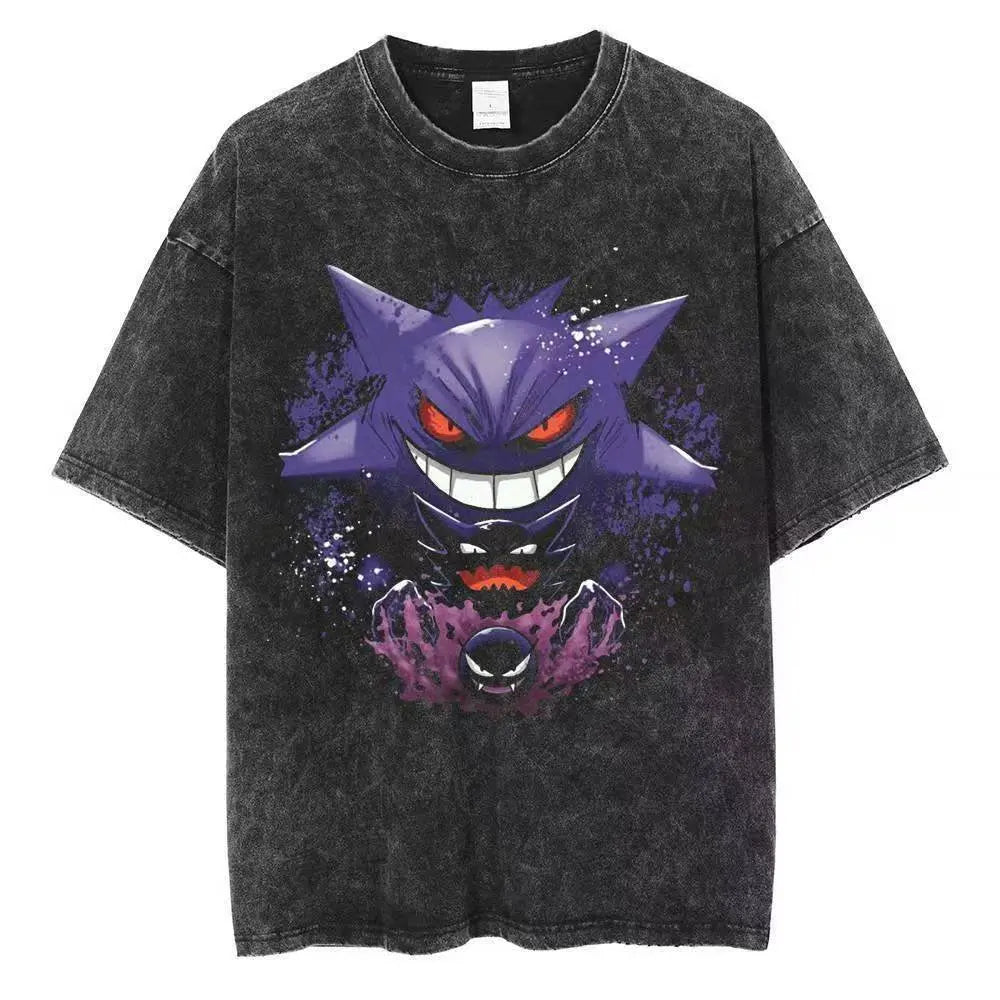 2026 Anime Washed Vintage Summer Gengar Short Sleeve Tee Graphic T-Shirt Man Women Cosplay Casual Tops Y2k Streetwear