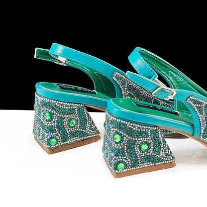 Q Rhinestone Design INS Hot Sale New Arrivals African Shoes and Bag Set in Green Color Open Toe Comfortable Women Heels