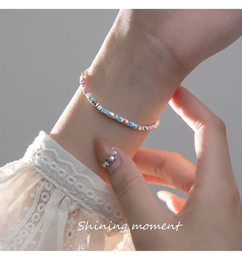 925 Sterling Silver Punk Colorful Square Chain Bracelet Rainbow Color Chain Link Platinum Plated For Women Fine Jewelry