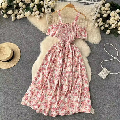 Romantic Floral Print Long Summer Dress Women Fashion Off Shoulders Straps Vacation Beach Dress Korean Party Vestidos