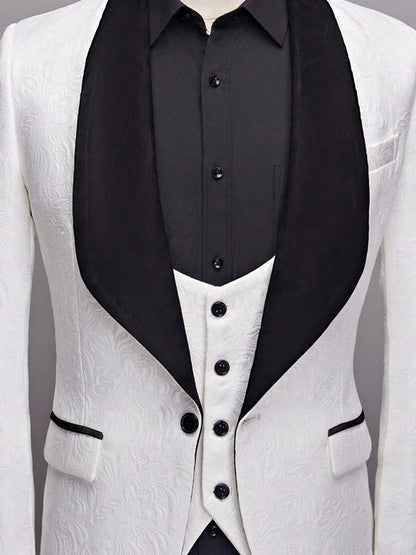 Men's three-piece floral jacquard slim-fitting suit set, including paisley pattern suit jacket, vest, and pants, suitable for ba