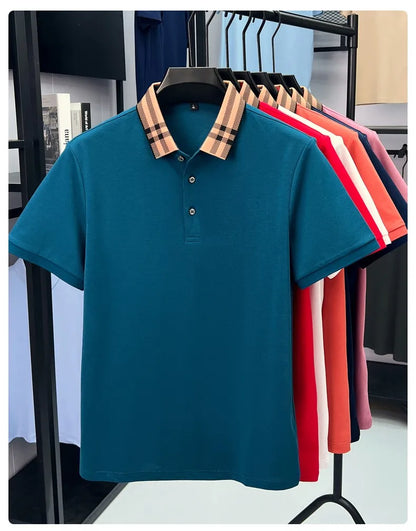Fashion brand plaid lapel short sleeve polo shirt men summer new style simple solid color high-end business casual golf T-shirt