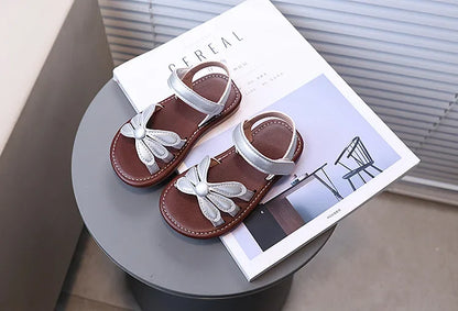 Girls Sandals Hook&loop Kids Beach Shoes Soild Color Versatile 2025 Summer Girls Princess Shoes Retro Sweet Flowers Korean Style