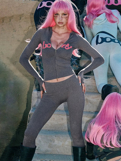 Letter Print 2 Piece Set Women Tracksuit Hooded Jacket+Leggings Matching Stretch Streetwear Casual Sporty Outfits