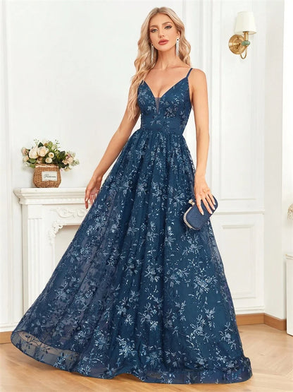Elegant Sequins Sexy Backless Evening Dress For Women Deep V-neck Prom Party  Dress Floor Length Blue Formal Gowns