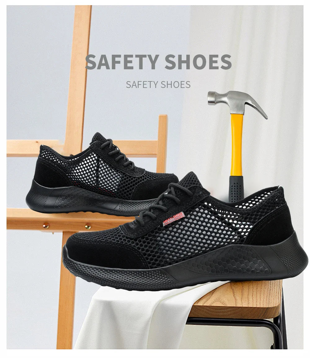 Men's Summer Steel Toe Safety Shoes Anti-Crush And Piercing Breathable Lightweight Outdoor Pure Black Work Shoes