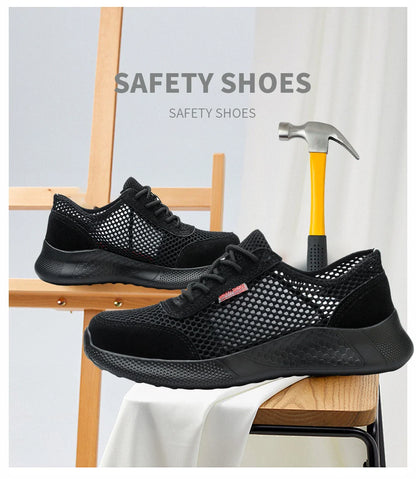 Men's Summer Steel Toe Safety Shoes Anti-Crush And Piercing Breathable Lightweight Outdoor Pure Black Work Shoes