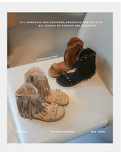 One-strap Summer Roman Shoes for Girls Tassel Rivets High-top Sandals Little Girl Soft Sole Bohemian Dress Shoes Child I06133