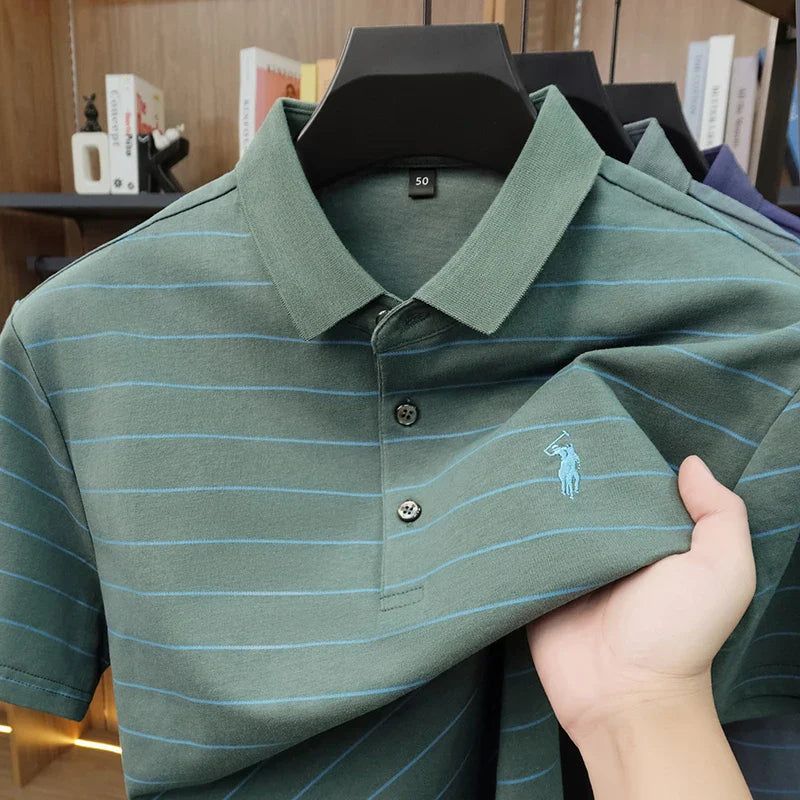 2026 New Summer Pure Cotton Short Sleeved Business Polo Shirt Men's Lapel Breathable Casual Versatile Top Striped T-shirt