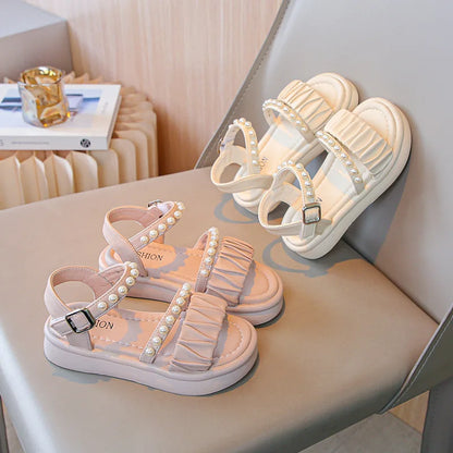Girls Sandals Kids Summer Shoes Children's Beach Sandals with Pearls Princess Sweet Anti-slippery Open Toes Lace Chic Beading