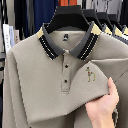 Original Design Men's Lapel Polo Shirt Autumn New Solid Color Print Long Sleeve T-Shirt High-End Business Leisure Men's Clothing