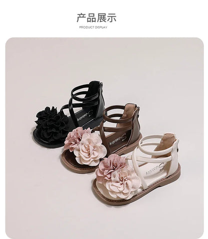 Girls' Sandals 2024 Summer New Children's Flower Princess Shoes Soft Sole Anti Slip Baby Girls' Roman Sandals