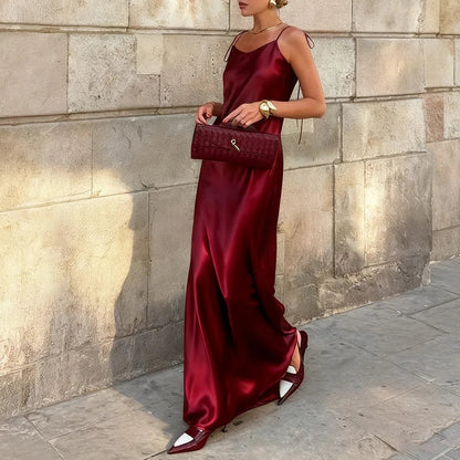 Original Women's Satin Champagne Dress Sleeveless Sexy Backless Evening Dresses Guest Elegant Bridesmaid Long Evening Gown