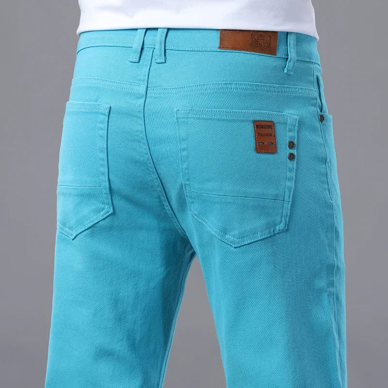 Calça Jeans Masculina Slim Elástica Colorida Estilo Coreano Primavera Outono Macia Confortável Casual Reta Denim Streetwear