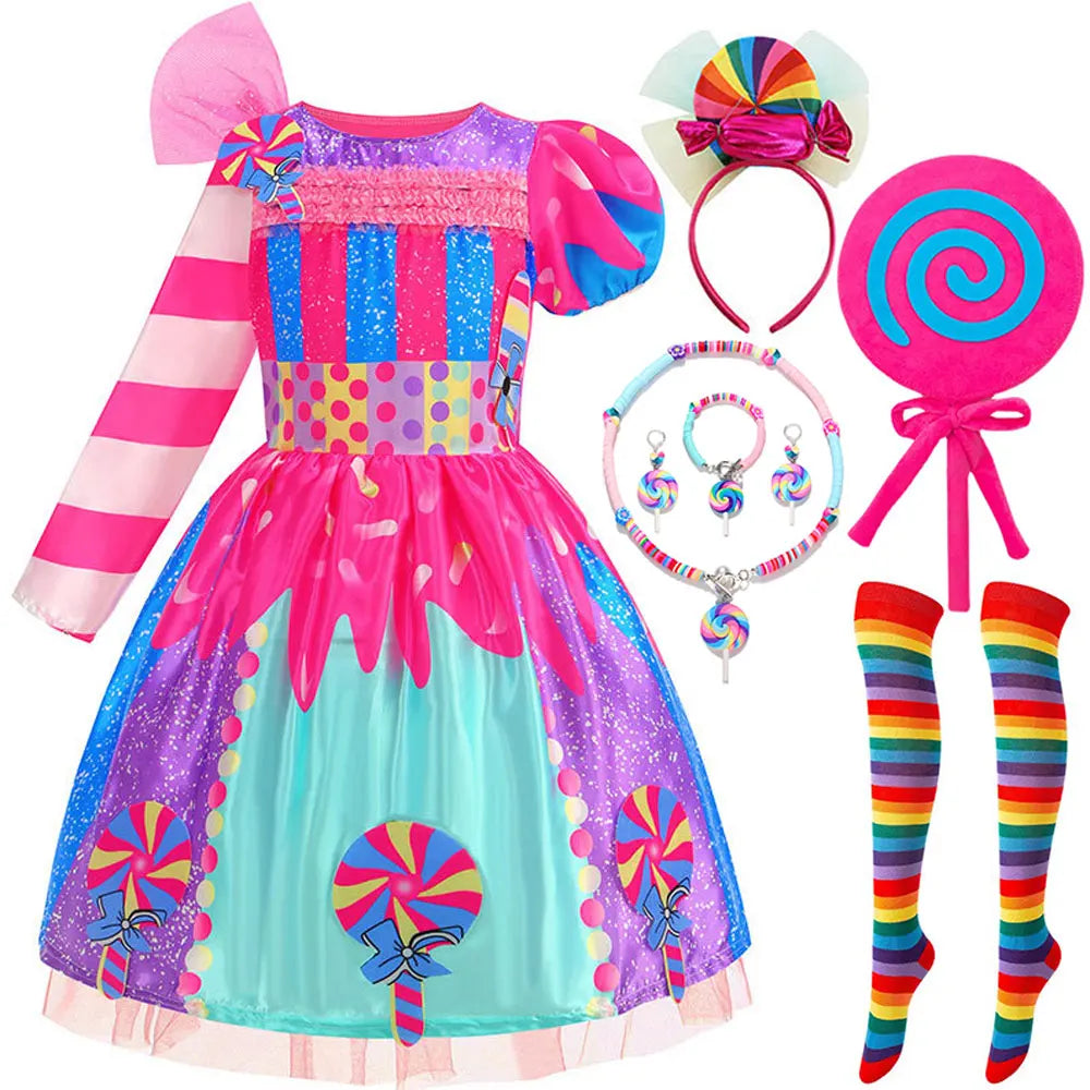 2026 New Candy Dress For Baby Girl Purim Carnival Birthday Costume Fancy Rainbow Short Sleeve Cute Dress + Accessories Set