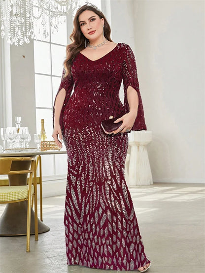 Vestido de Festa Elegante Plus Size com Lantejoulas Preto 2025 Feminino Formal Maxi Baile Mangas Compridas Festa Luxuoso Coquetel