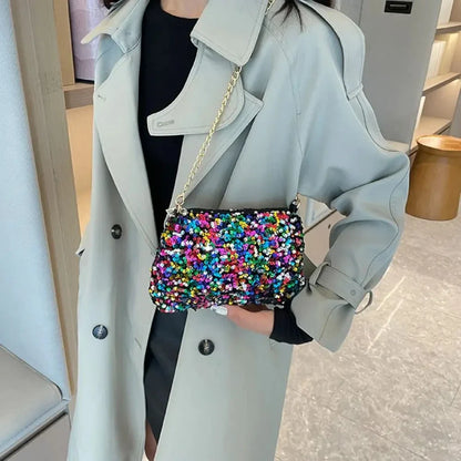 Solid Color Sequins Crossbody Bag Simple INS Chain Sequins Shoulder Bag Pocket Bag Phone Bag Small Square Bag Dinner Party