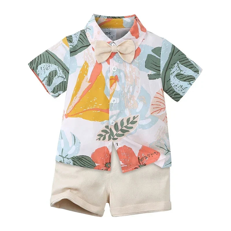 Toddler Baby Boys Sets Summer Hawaiian Outfit Infant Kids Floral Print Short Sleeve Shirt Bowtie Shirt+Shorts Gentleman Suits