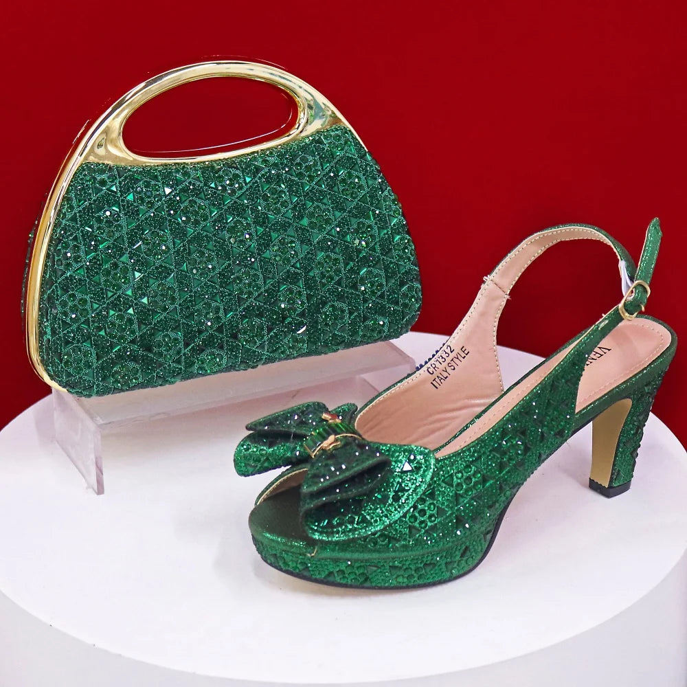 Style Dark Green Color Rhinestone Elegant High Heels Nigeria Popular Design African Ladies Shoes And Bag Set