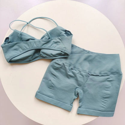 2 Piece Gym Set Women Yoga Crop Top High Waist Scrunch Seamless Shorts Fitness Bra Sport Suit Sportswear Workout Set