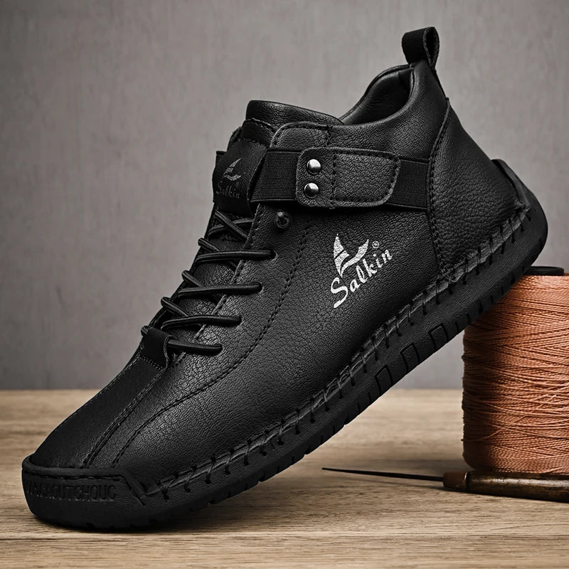 New 2025 Handmade Leather Casual Men Shoes Design Sneakers Man Breathable Leather Shoes Ankle Boots Outdoor Non Slip Walking
