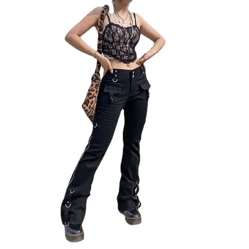 Women Low Waist Jeans Denim Straight Flare Pants Vintage Pockets Zipper Denims 2024 Autumn Streetwear Ankle Length Trousers