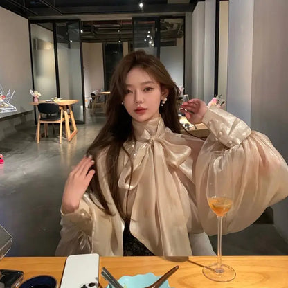 Spring Autumn Women Fashion Tops New Shirts Lantern Sleeve Stand Collar Solid Casual Vintage Elegant Temperament Long-Sleeved