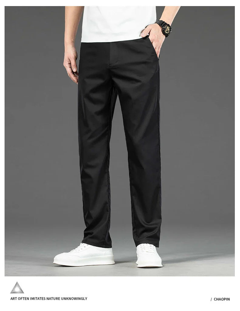 Spring Summer New Men's Casual Pants Thin Mulberry Silk Soft Business Casual Trousers Slim Straight Elastic Suit Pants Male