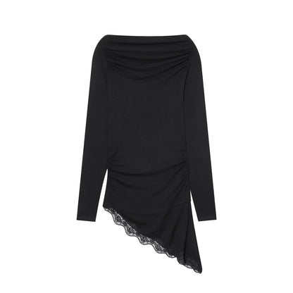 Women's T-Shirts Spring Autumn Fashion Lace Hem T Shirts for Women Asymmetry Streetwear Long Sleeve Slim Casual Tops
