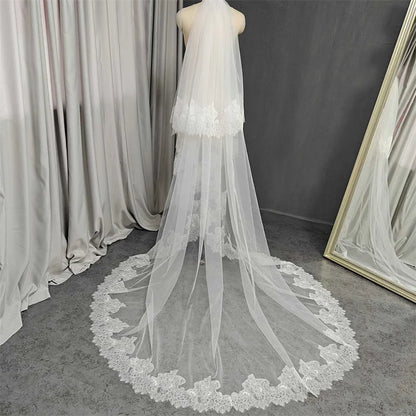 Customized Elegant Eyelash Lace Edge 2 Layers Wedding Veil with Blusher 2.5m/3m/3.5m Long Bridal Veil Wedding Accessories